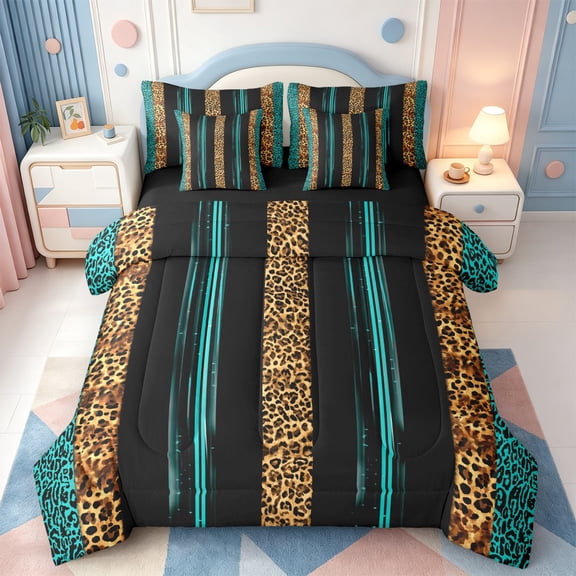 Erosebridal Vintage Cheetah Print 7-Piece Twin Bedding,Classic Leopard Bedding Comforter Set,Black Reversible
