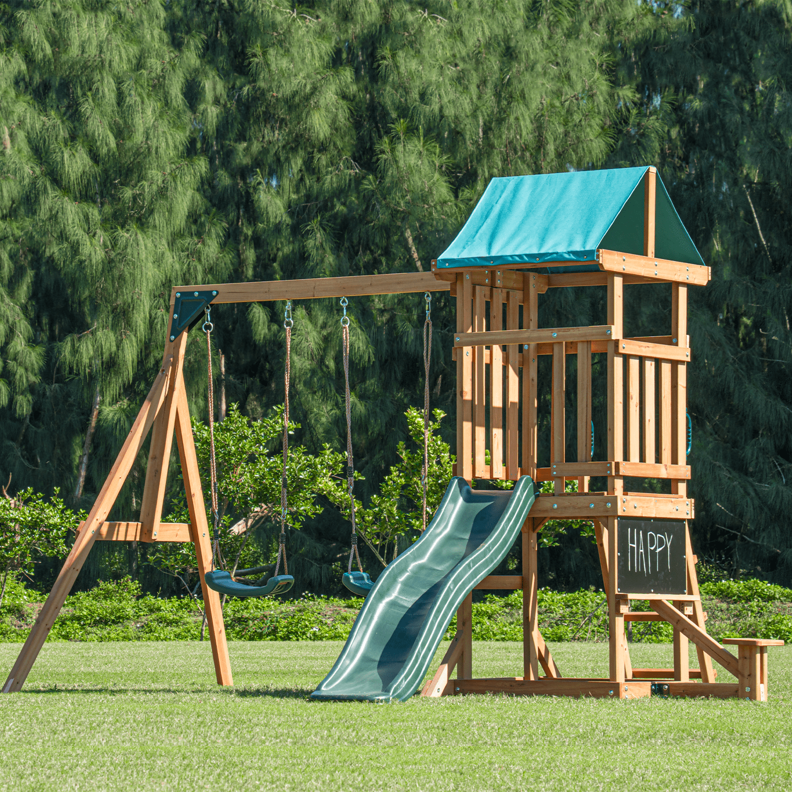 DOLPHIN PLAYGROUND Wooden Outdoor Playset with Swings, Slide, Playhouse - Durable Backyard Swing Set for Kids