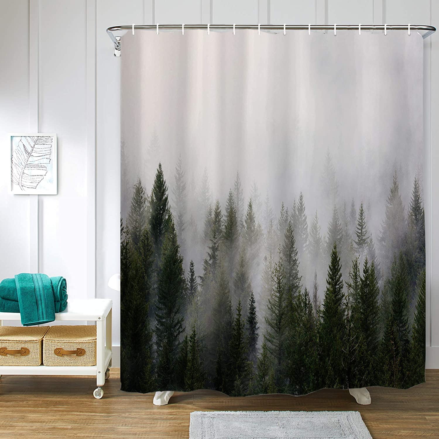 Misty Forest Shower Curtain for Bathroom Fall Nature Woodland Landscape Shower Curtain Sets Fantasy Fog Magic Tree Fabric Bath Curtain Decor Waterproof with Hooks 72x72 
