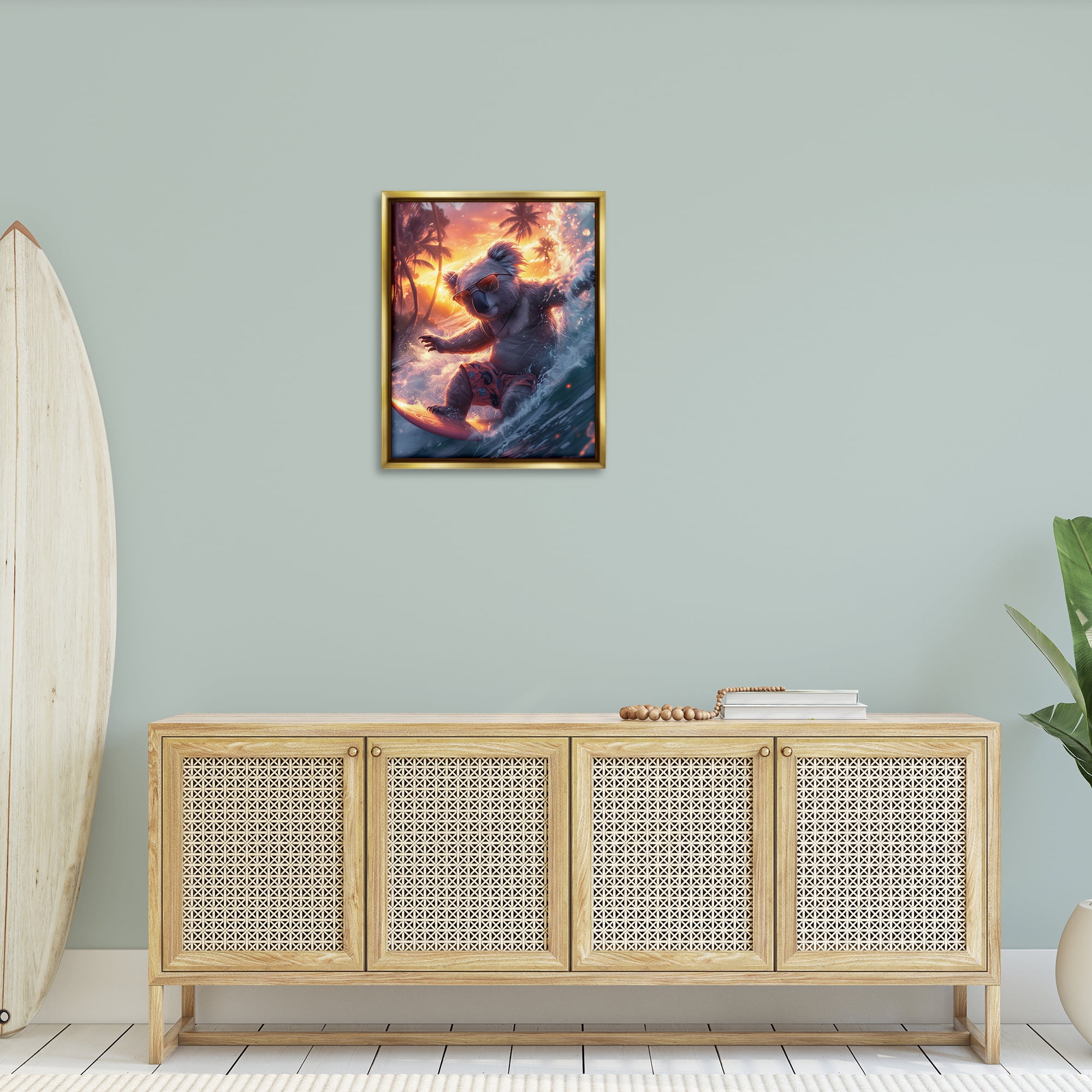 Stupell Industries Surfing Tropical Koala Coastal Painting Gold Floater Framed Canvas Art Print Wall Art, 25 x 31