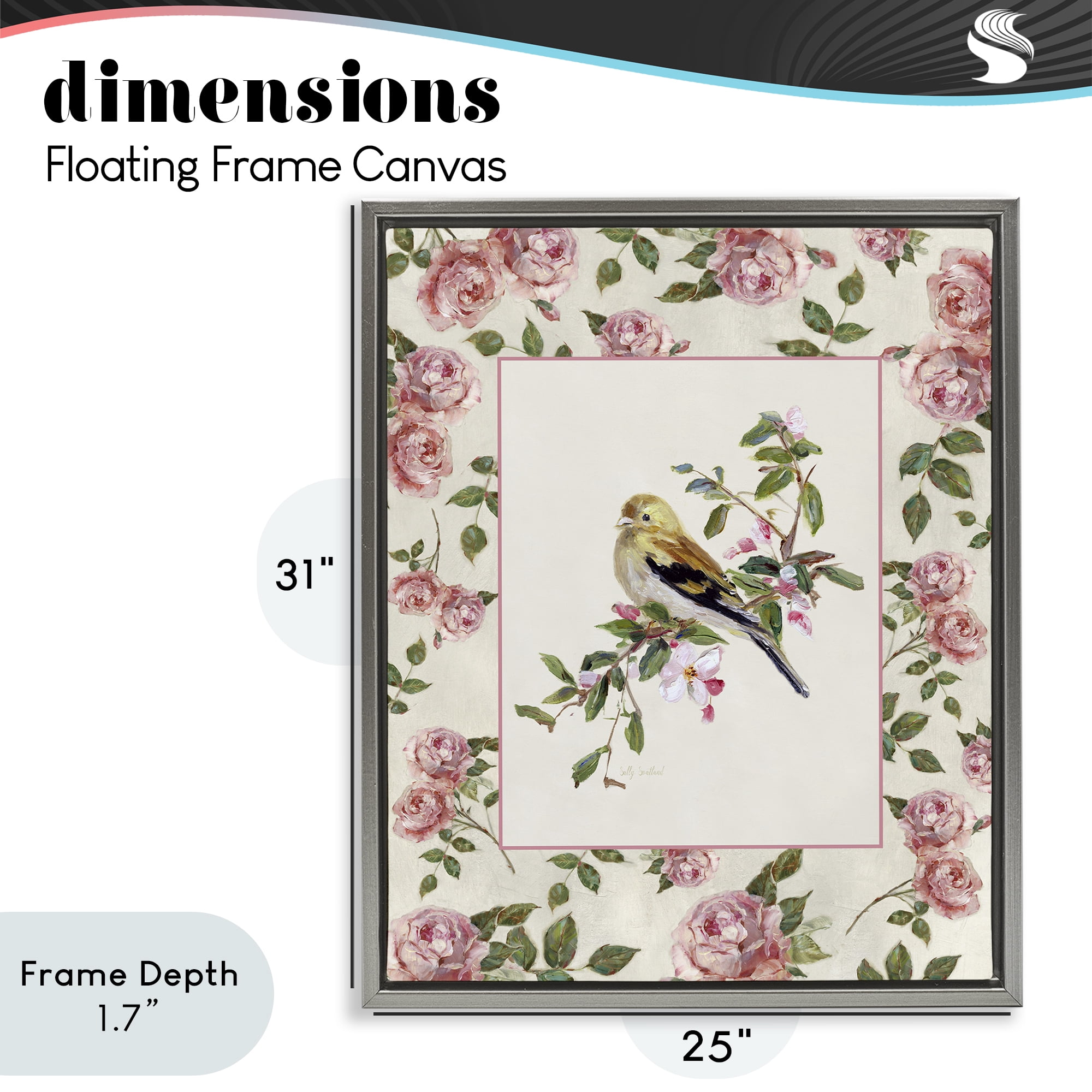 Stupell Industries Perched Bird with Dainty Roses Gray Framed Floater Canvas Wall Art, design by Sally Swatland