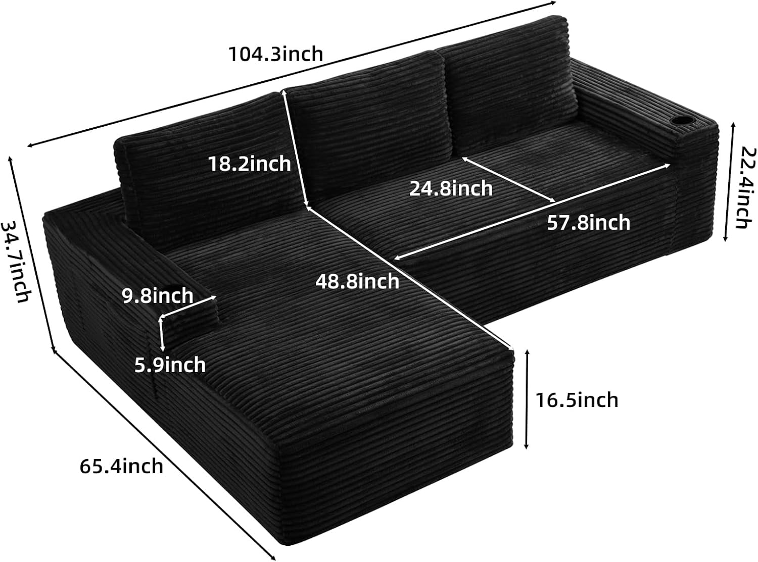 104" Cloud Modular Sectional Sofa, Corduroy Boneless L-Shape Chaise Couch with Deep Seat for Living Room Bedroom, No Assembly Required