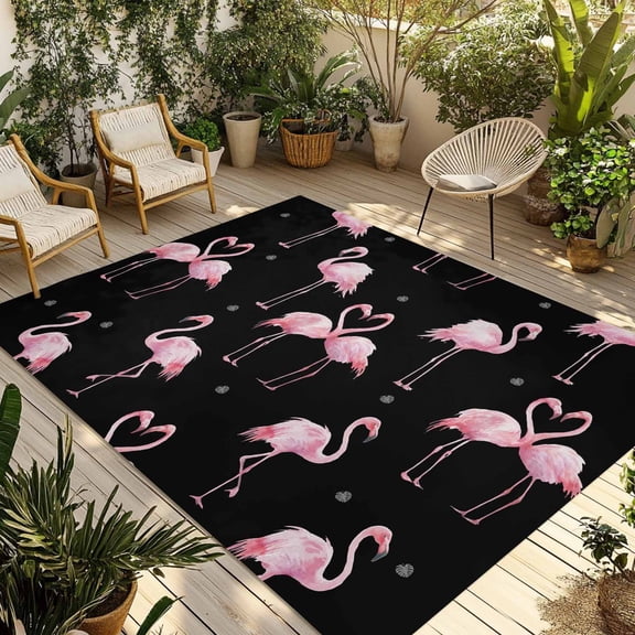 Pink Flamingo Outdoor Rug 5x7 Ft - Reversible Patio Rug Outdoor Camping Rugs, Summer Tropical Animals Black Washable Indoor Outdoor Area Rugs, Non-Slip Outdoor Carpet Runner for Deck/Porch
