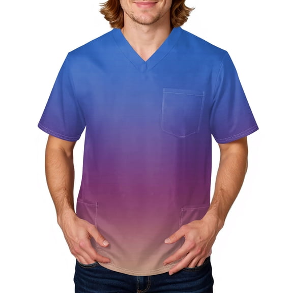 Domuza Men Scrub Top Gradient Tie-Dye Short Sleeve V Neck Nursing Uniform Loose Fit Comfy Soft Medical Workwear with 3 Pockets Blue 5XL