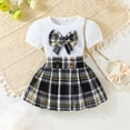 thumbnail image 4 of CPNG Toddler Girl's 2 Piece Outfit Bow Front Short Sleeve Tee and Plaid Pleated Skirt Set Summer Sweet Stylish Set(Black,4-5 Years), 4 of 9