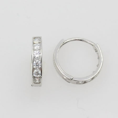 14K Real White Gold 2mm Thickness 6 Stone Cubic Zirconia Channel Set Polished Hoop Huggies Earrings