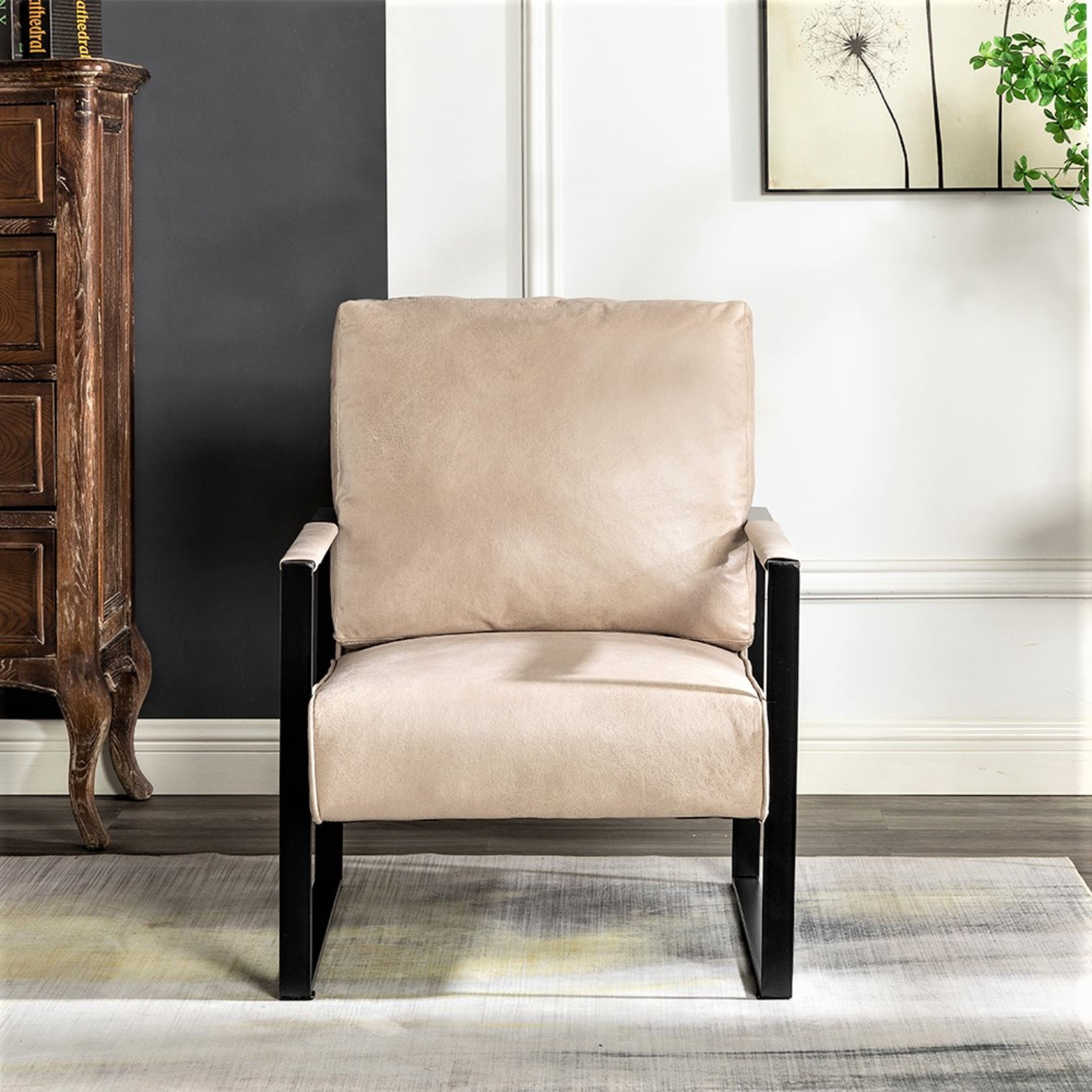 GDF Studio 25.4" Mid-Century Modern Accent Chair with Square Metal Frame, Microfiber Upholstery, Light Camel