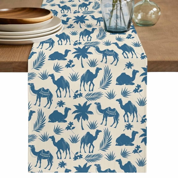 Tropical Plants Cotton Linen Table Runner for Dining Kitchen, Summer Farmhouse Vintage Blue Camels Wedding Outdoor Party Tablerunners Decoration, Dresser Scarf Coffee Tablecloth Runners 13x90 Inches