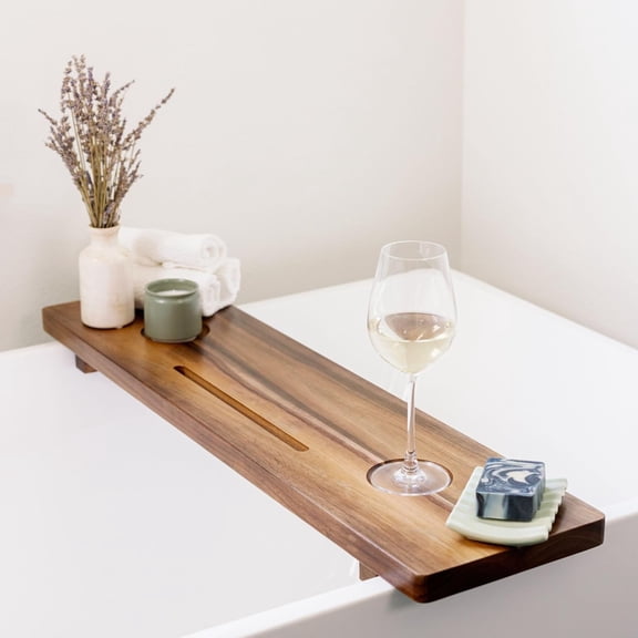 Premium Bathtub Tray for Freestanding Bath | Large & Thick 35” Acacia Wood Luxury Tub Anti-Tip, Non-Toxic, Adjustable Trays with Bathroom Accessories Holder