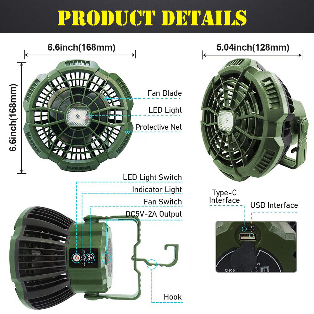 IC ICLOVER Outdoor Portable Tent Fan LED Light Rechargeable Hanging Camping Lantern + Remote