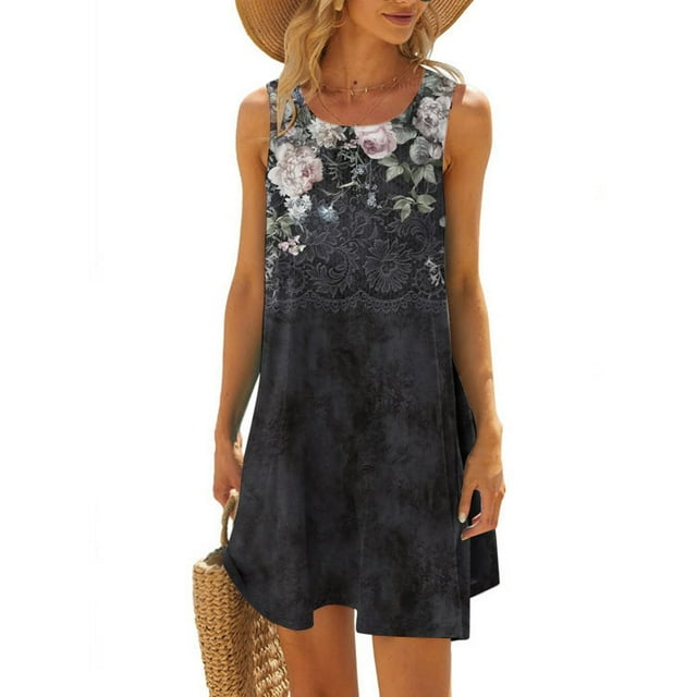 SMihono Robe Maxi Bohème d'Été pour Femmes Grande Taille Décontractée Imprimée Col Rond Manches Courtes Ample Longueur Genou Robe de Plage Robe d'Été