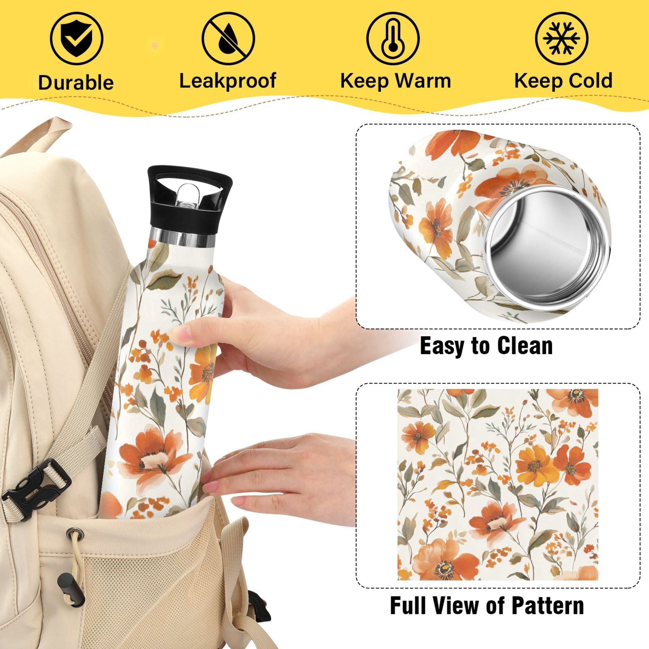 600ML Stainless Steel Insulated Cup Sports Water Bottle Portable Thermos Cup Water Glasses Insulated Tumblers Convenient and Durable Cartoon Coral Flowers Seamless