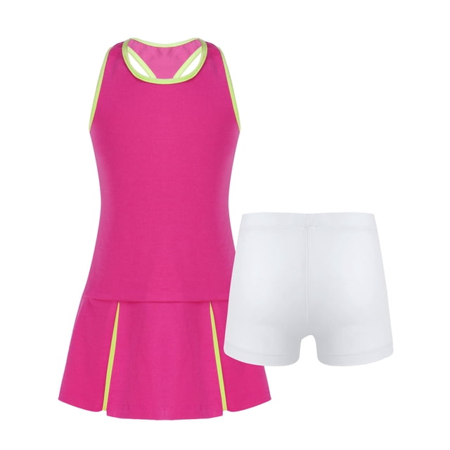 YONGHS Ensemble de Robe de Tennis Sans Manches pour Filles avec Shorts 2 Pcs Jupe-Culotte Rose Rouge 12
