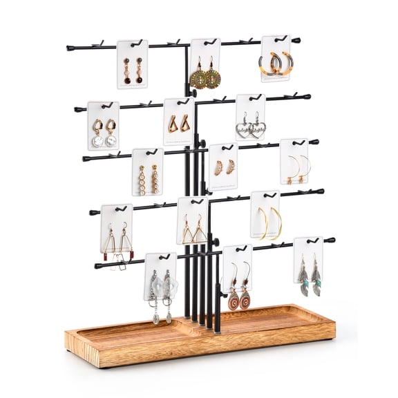 Earring Display for Vendors, Adjustable Height Earring Display Stands for Selling, Jewelry Display for Earring Card, Earring Rack Display Holder with Tray, 30 Hooks, Carbonized Brown