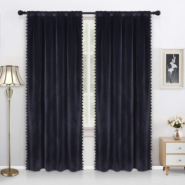 Black Velvet Curtains for Bedroom, Pom Pom Room Darkening Window