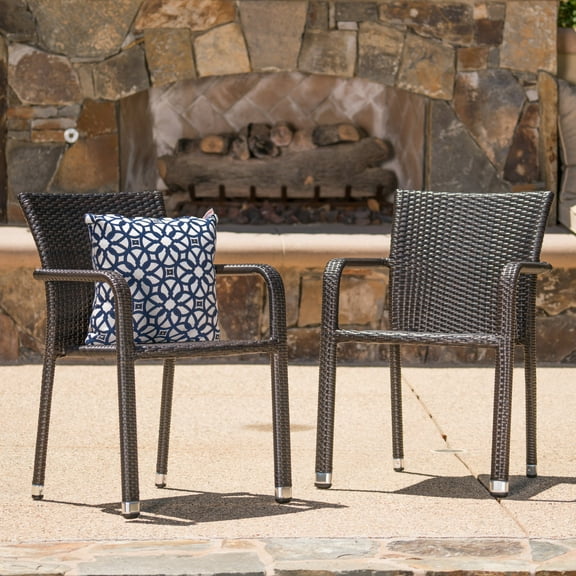 Vera Outdoor Wicker Armed Stack Chairs with an Aluminum Frame, Set of 2, Multibrown