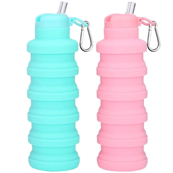 16.7 OZ Collapsible Silicone water bottles 2 Pack, Reusable Foldable Portable Lightweight Sports bottles for Gym Camping Hiking (Pink Aqua blue)