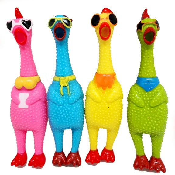 Cool Glasses Rubber Screaming Chickens Novelty Squeeze Dog Chew Toys Gag Gifts - 4 Pack