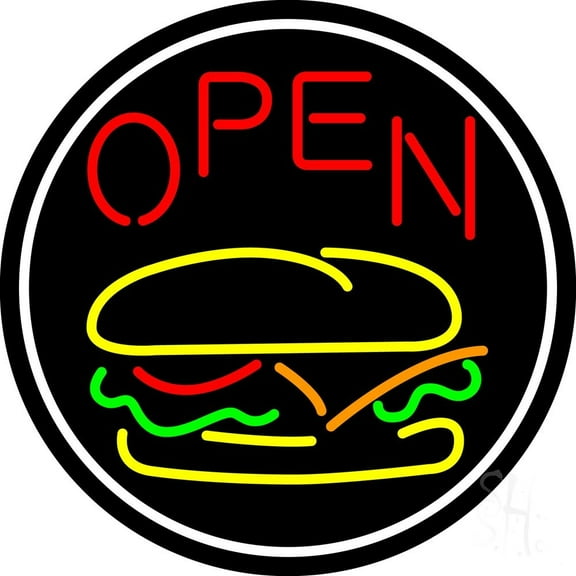 Burger Open Circle LED Neon Sign 16 x 16 - inches, Clear Edge Cut Acrylic Backing, with Dimmer - Bright and Premium built indoor LED Neon Sign for restaurant window and interior decor.