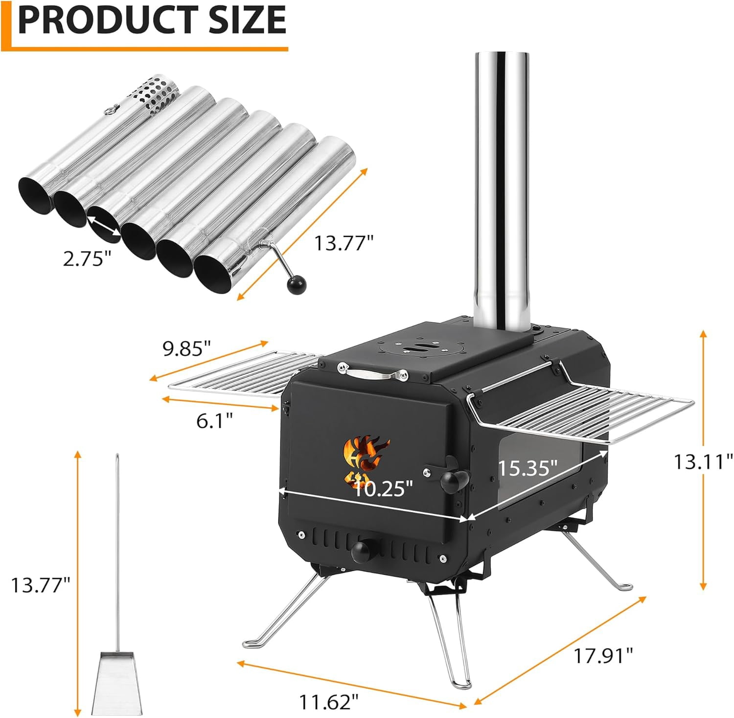 Riedhoff Wood Burning Camping Stove 17.91 x 11.62 x 13.11",  6 Chimney Pipes & Glass Window, Black
