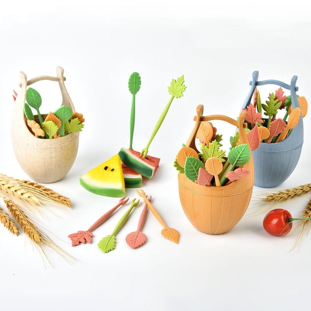 Juego de tenedor de fruta con barril mini de paja de trigo - 7x12cm tenedores de madera natural para postre para picnic, barbacoa, fiestas