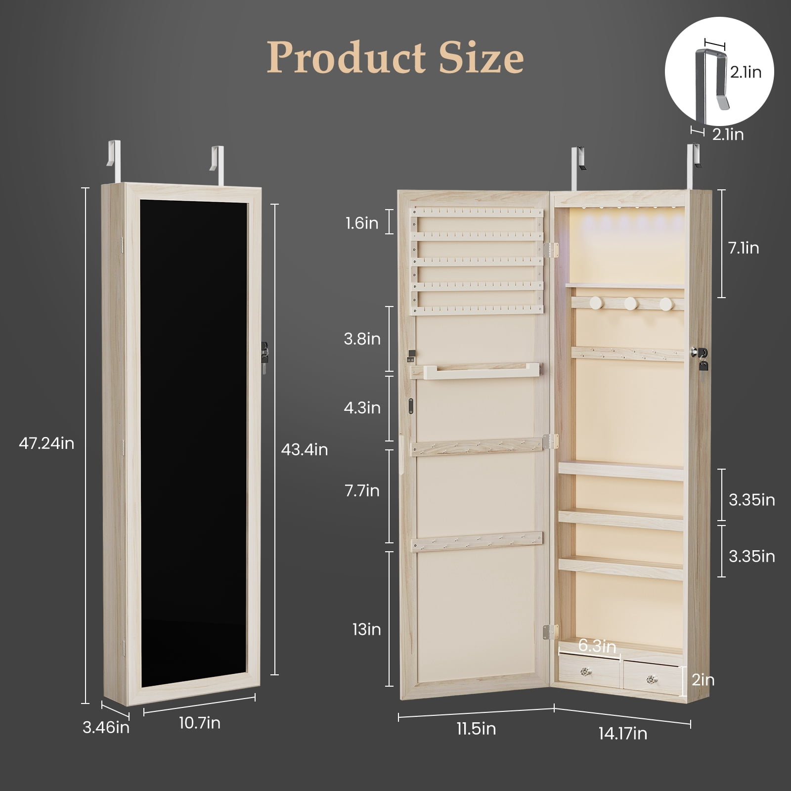 Jewelry Armoire with 6 LEDs Mirror, Mirror with Storage, Lockable Jewelry Storage for Wall or Door Mounted, khaki