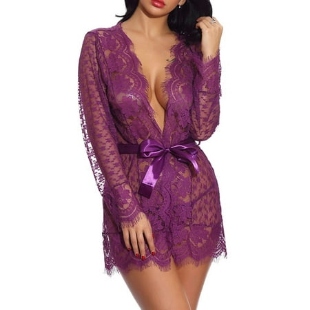 

Ritualay Women Lingerie Deep V Neck Bathrobes Lace Mini Kimono Robe Floral Ladies Mesh Long Sleeve Sheer Belted Purple L