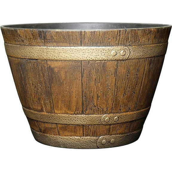 Classic Home and Garden Outdoor Round Whiskey Resin Flower Pot Barrel Planter, Distressed Oak Brown, 15"