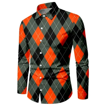 

Sebtyili Male Party Orange Printed Shirt Long Sleeve Turn Down Collar Shirt Long Sleeve Scrub