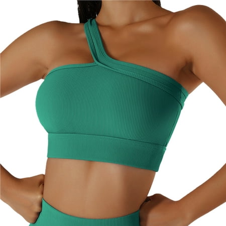 

fanshao Women Sports Bra One Shoulder Beautiful Back Full Cup Ladies Wire Free Ribbed Brassiere for Gym Running Fitness