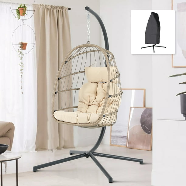Indoor Outdoor Swing Egg Chair with Stand, Patio Foldable Beige Wicker