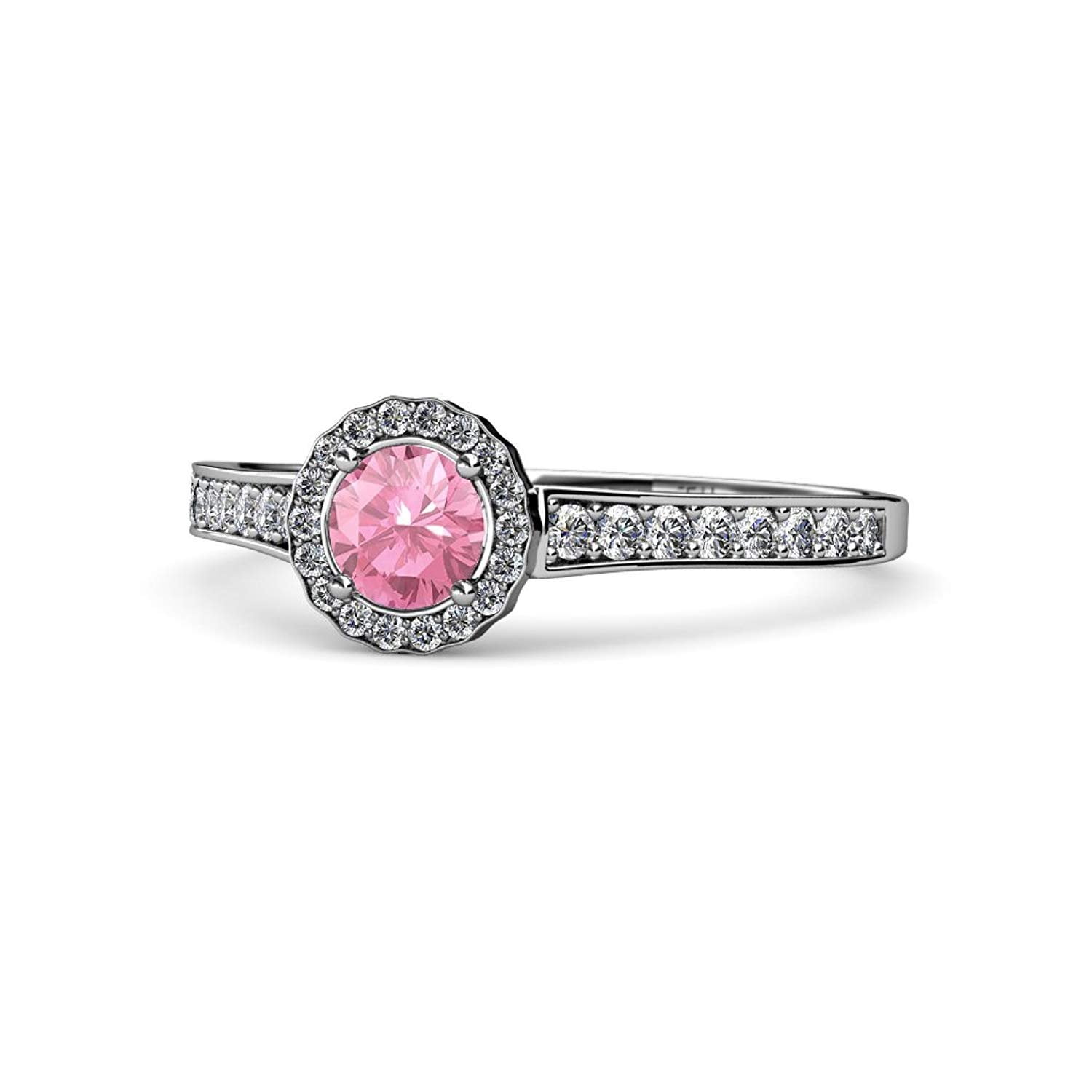Pink Tourmaline and Diamond (SI2-I1, G-H) Halo Engagement Ring 0.94 ct tw in 14K White Gold.size 5.5 by TriJewels