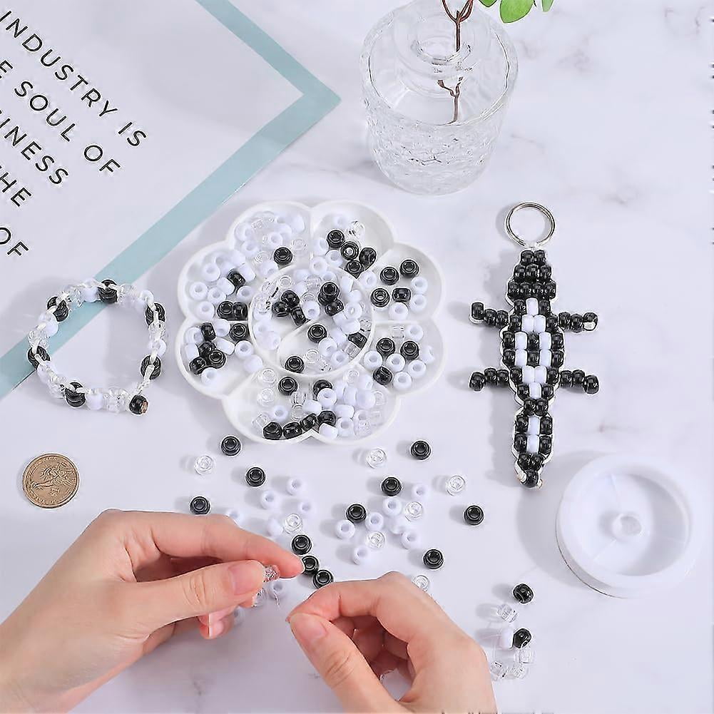 600Pcs Pony Beads Bulk 6x9mm Opaque Pony Beads Black White Plastic Bead Clear Transparent Pony Beads Kit Round Craft Beads for Jewelry Making Beading