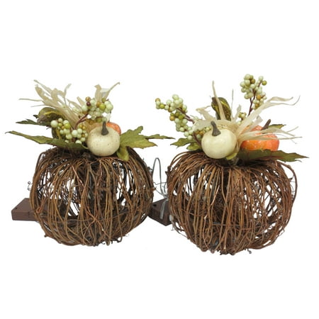 Way to Celebrate Halloween Prelit Twig Pumpkins Decoration (8.5 in), Set of 2, Brown