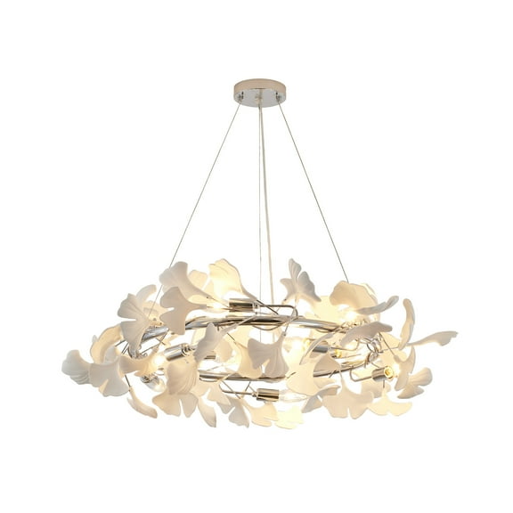 Design Living 10-Light D31.5" Round Chrome Frame Chandelier with White Acrylic Leaf Accents