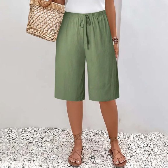 Pxiakgy Linen Shorts for Women Women's Wide Leg Pants Casual Wide Leg Lightweight Loose Palazzo Pants Trouser with Pockets Summer Line Comfy Lounge Beach Lightweight Short Army Green L