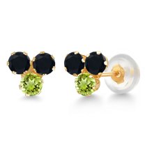 Gem Stone King 14K Yellow Gold Black Onyx and Green Peridot Three Stone Stud Earrings for Women (0.64 Cttw, Gemstone December Birthstone, Round 3MM)