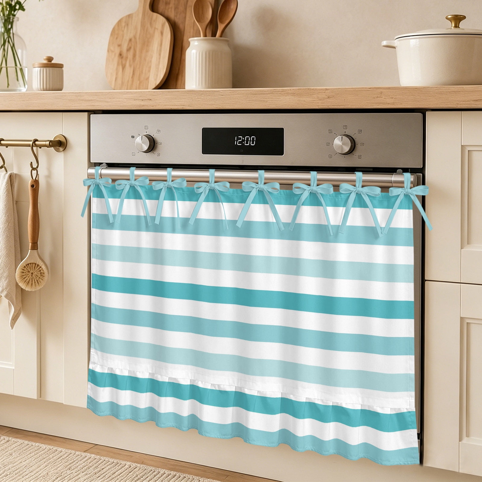 Aqua Green White Striped Oven Skirt Curtain Modern Minimalist Abstract Lines Tie Top Tier Curtains Stove Dishwasher Skirt Small Window Drapes for Kitchen Bathroom Cafe 30 x21.5