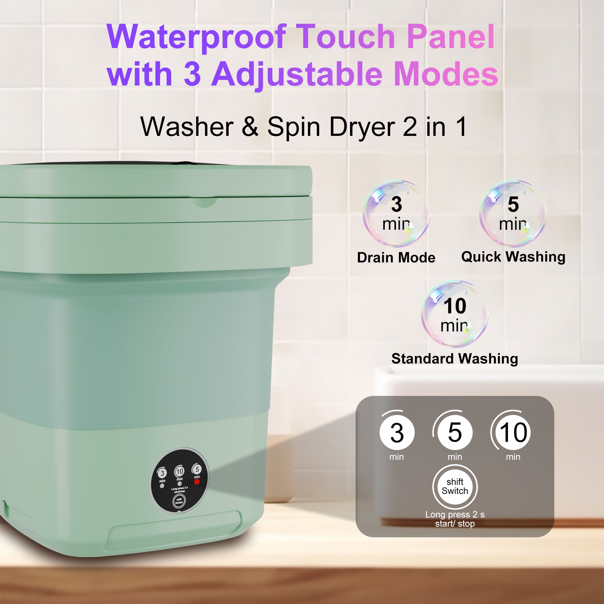 Pentantan 12L Portable Washing Machine, Mini Foldable Washer for Apartment, RV, Travel, Green