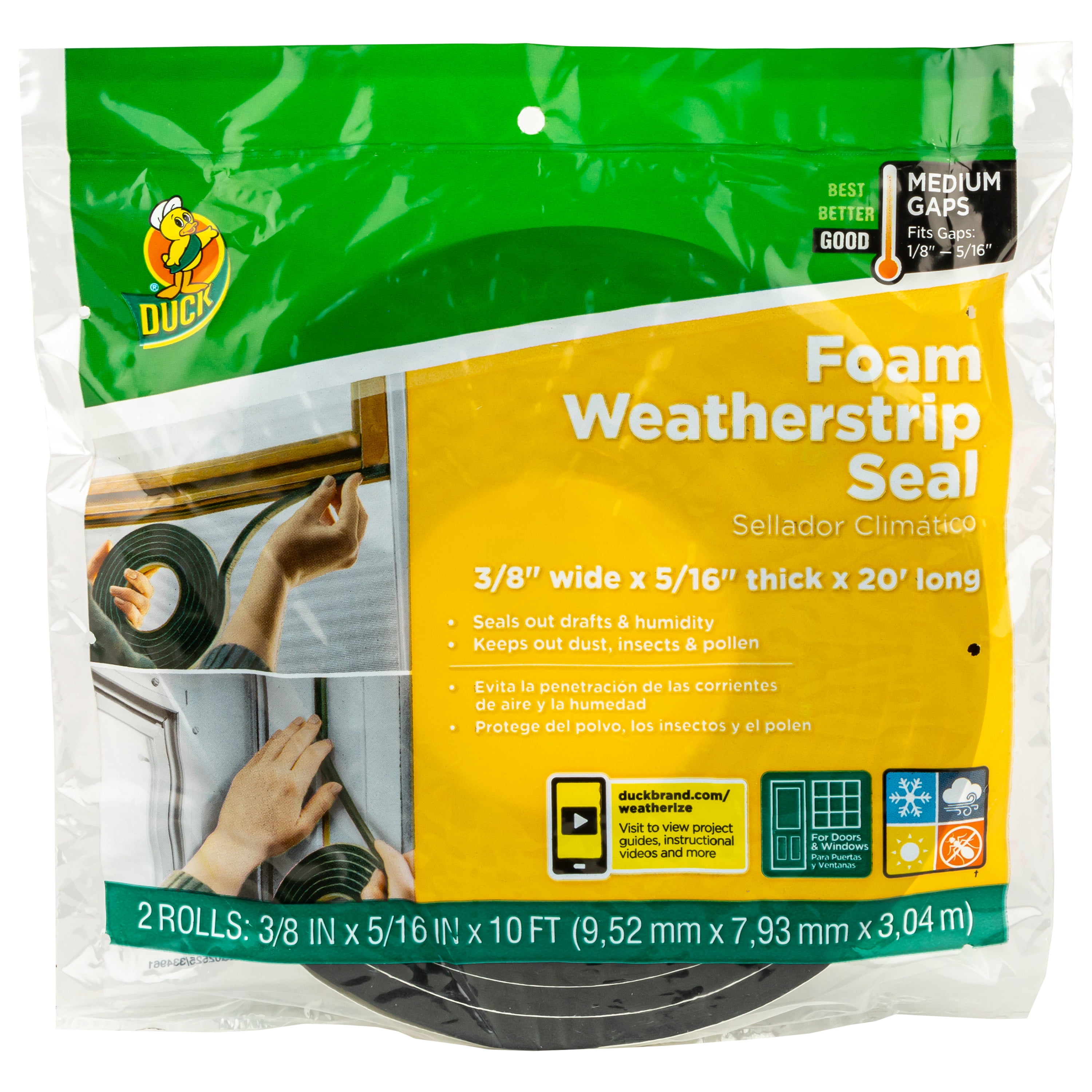 Duck Brand 3/8 in x 5/16 x 10 ft Black Foam Weatherstrip Seal, 2-pack
