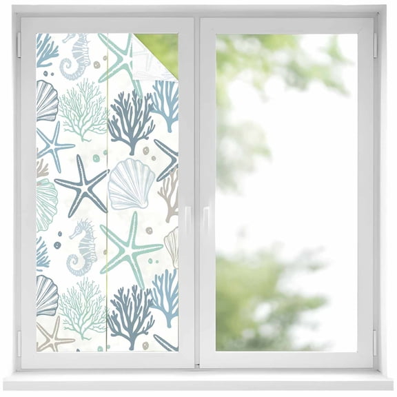 Aqua Teal Coastal Privacy Window Film, Decorative Frosted Glass Window Film, Summer Beach Starfish Coral Nautical Reusable Peel and Stick Static Cling for Home Bathroom Office Glass Door 17.7"x39.3"