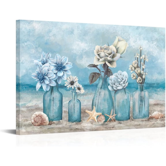 Blue Beach Wall Art Ocean Theme Flower Picture Painting Modern Conch Coastal Seascape Floral in Vase Artwork Framed for Bathroom Bedroom Home Decor 20x16 inch