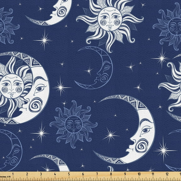 Ambesonne Boho Art Fabric by the Yard Upholstery, Crescent Art Moon Sun Boho, 2 Yards, Night Blue White