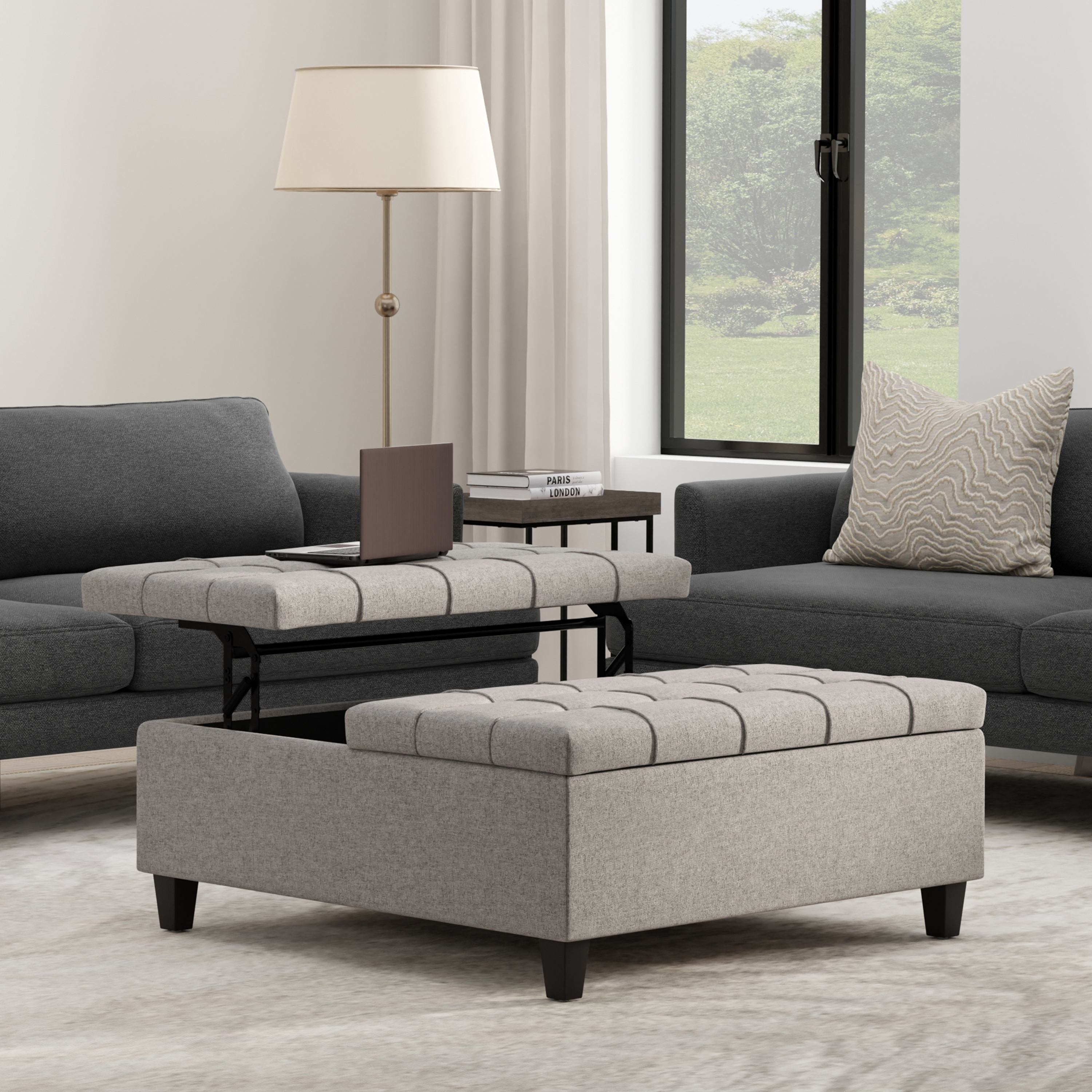 Harrison 40 inch Wide Transitional Large Square Coffee Table Storage Ottoman in Cloud Grey Linen Look Fabric