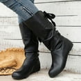 thumbnail image 3 of Slouchy Wide Mid Calf Boots for Women Bride Wedding Leather Suede Fashion Bow Lace up No Heel Tall Boots, 3 of 8