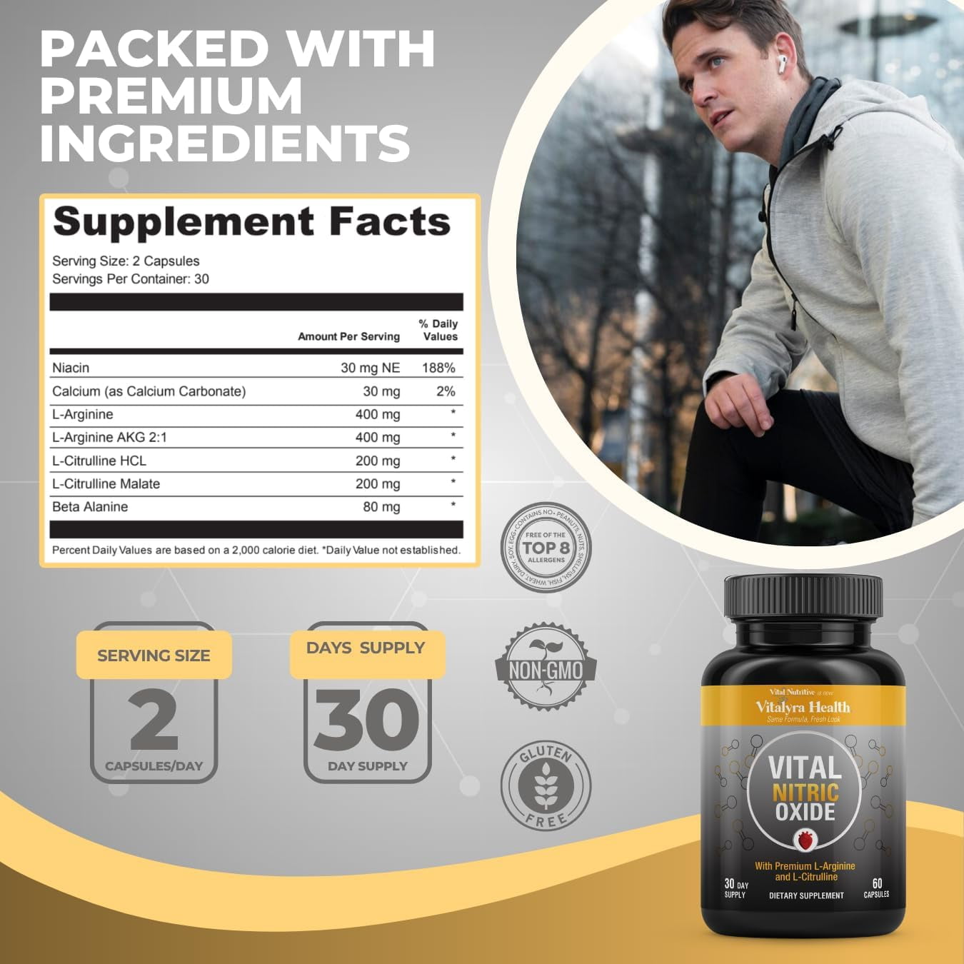 Vitalyra Nitric Oxide Supplement for Men with L-Arginine & L-Citrulline, Blood Flow Support, 60 Capsules