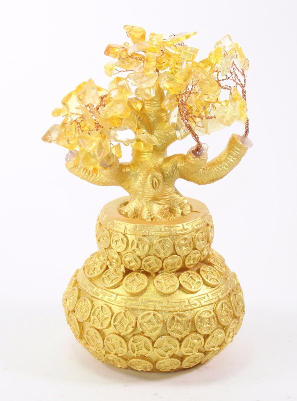 7" Feng Shui Yellow Crystal Money Tree Gold Coins Pot Lucky For Wealth Blessing