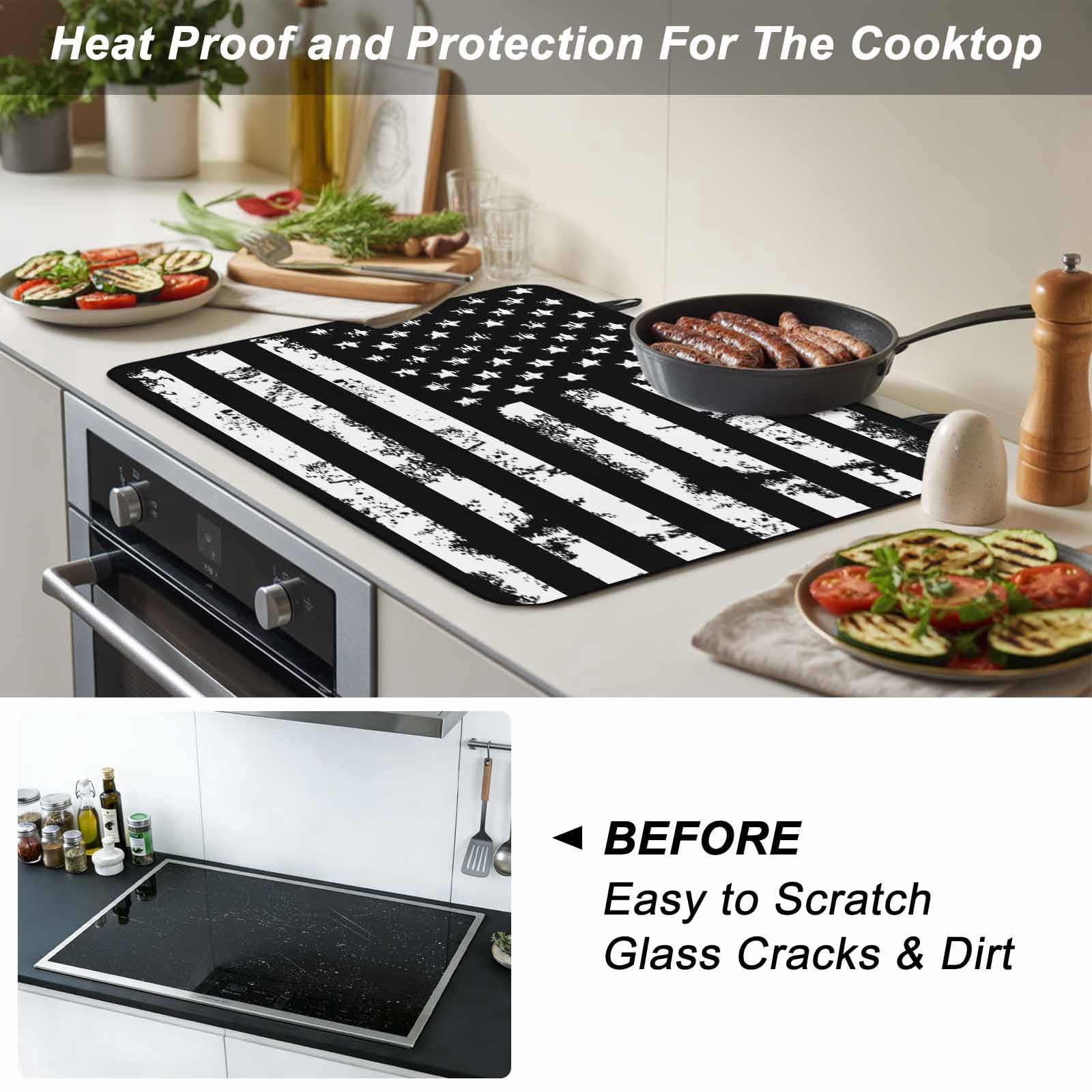 Black White Stove Top Cover for Electric Stove, Heat-proof & Non Slip Glass Top Stove Cover Protector, Retro Stars Stripes Flag Shabby Chic Texture Kitchen Flat Cooktop Rubber Mat 24x21 Inches