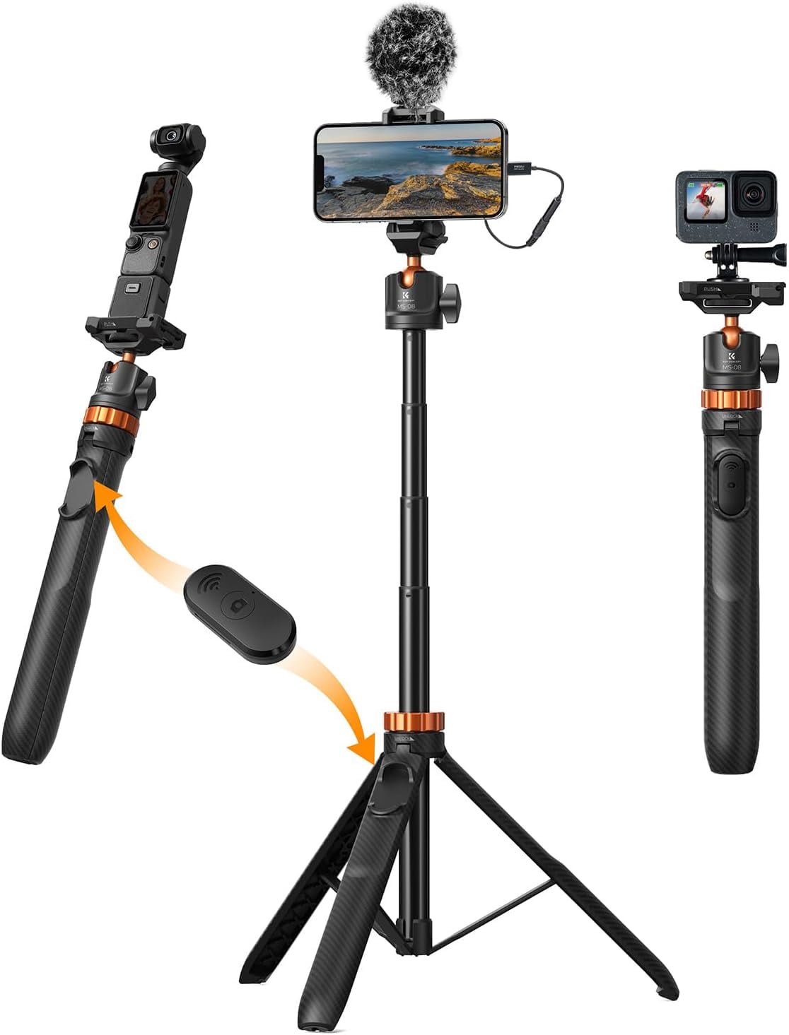 RGHJAR-62'' Phone Selfie Stick Tripod, 2-in-1 Extendable Cell Phone Tripod Stand with Remote, 360° Ball Head Camera Tripod Compatible with DJI Osmo Pocket 4/3 Action 6/5Pro GoPro 13/12 iPhone.