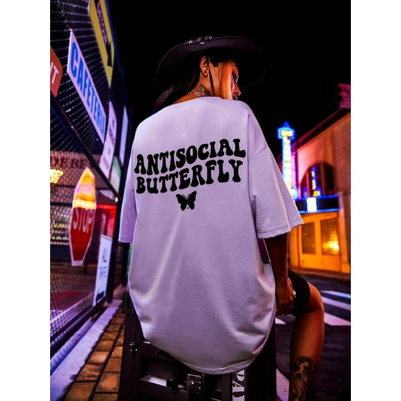 Butterfly & Letter Graphic Drop Shoulder Oversized Tee Graphic Tees Women Tops, Unisex